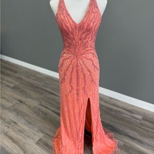 Primavera Couture Coral Beaded Prom Gown
